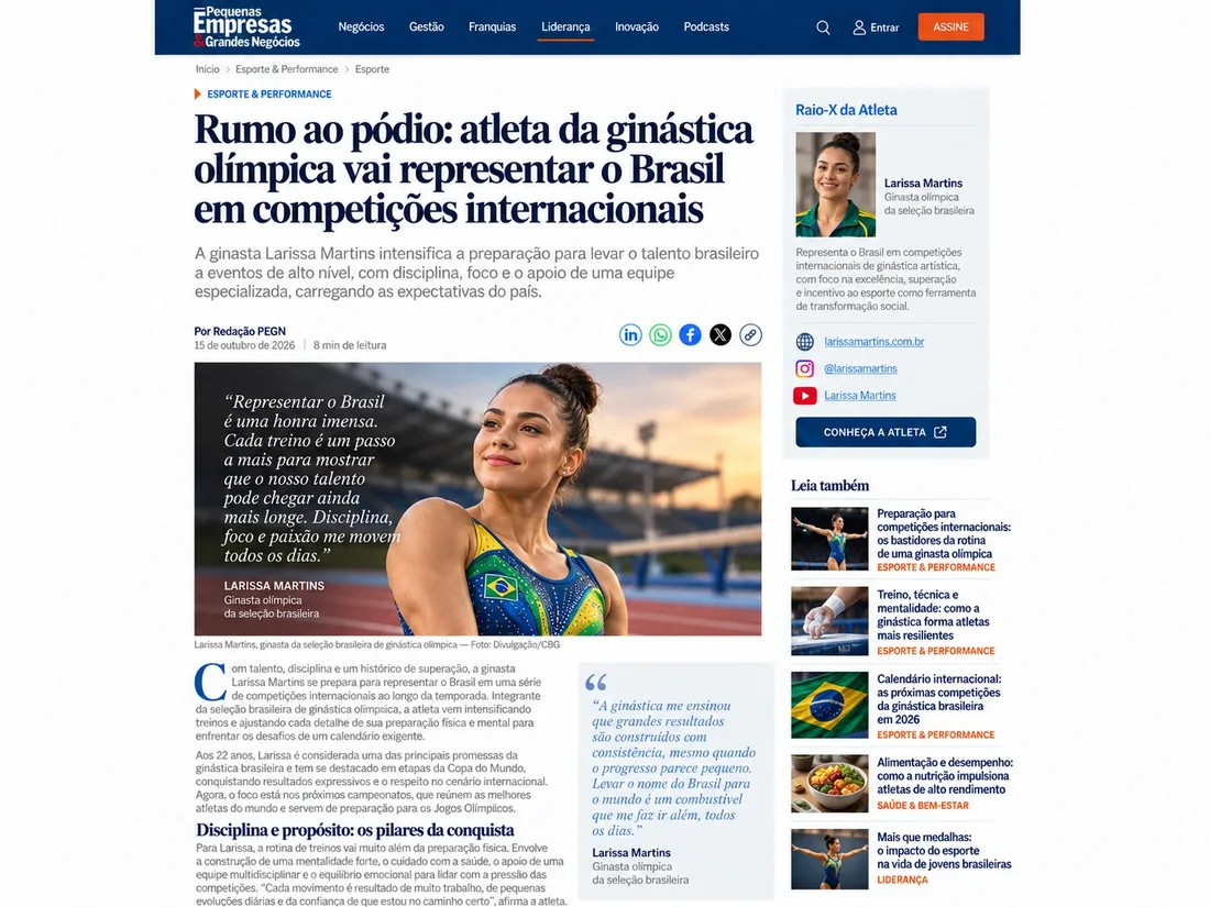 Exemplo ilustrativo de matéria sobre uma atleta da ginástica olímpica, diagramada em um portal de notícias, com dados fictícios