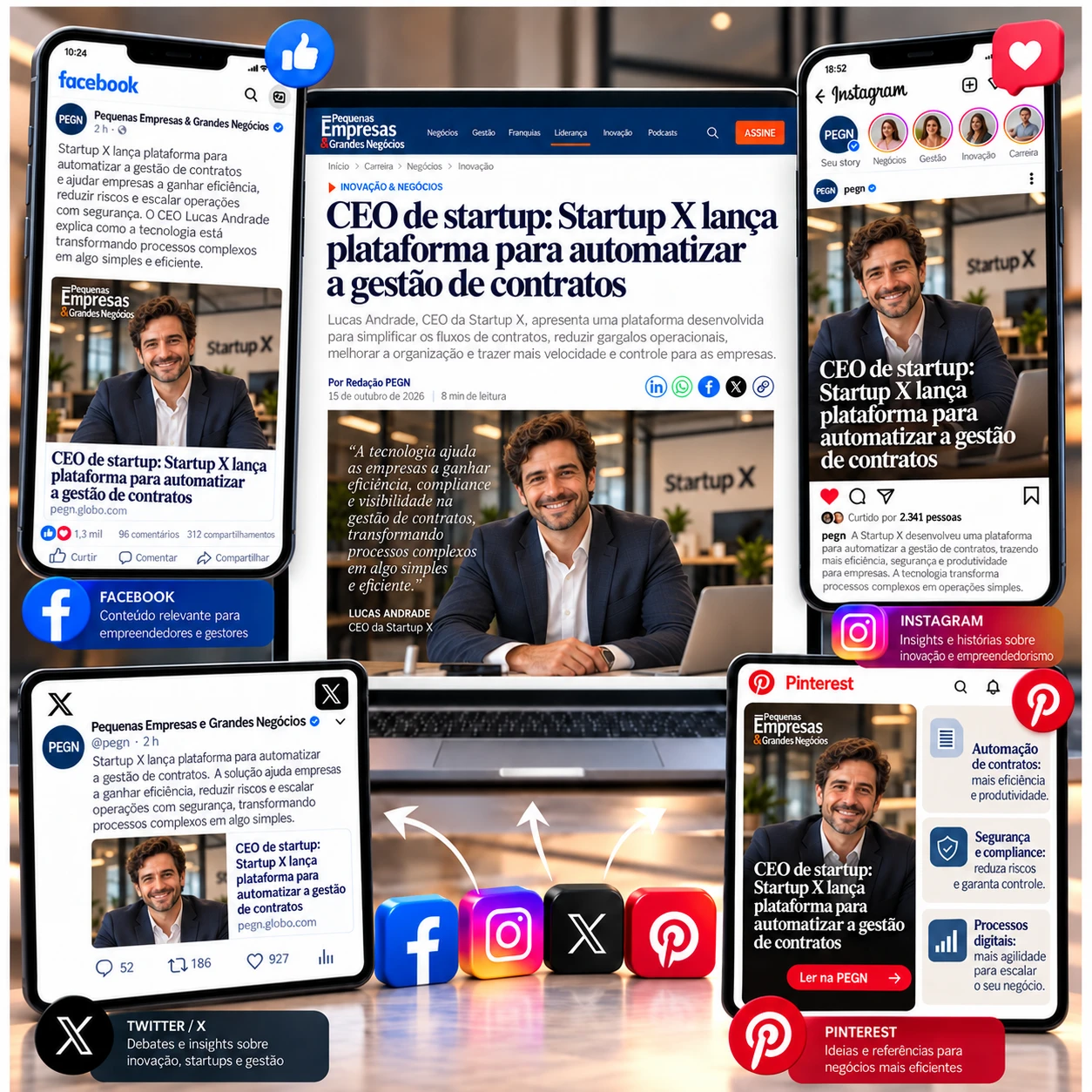 Exemplo ilustrativo de divulgação da matéria de uma startup no Facebook, Instagram, X e Pinterest